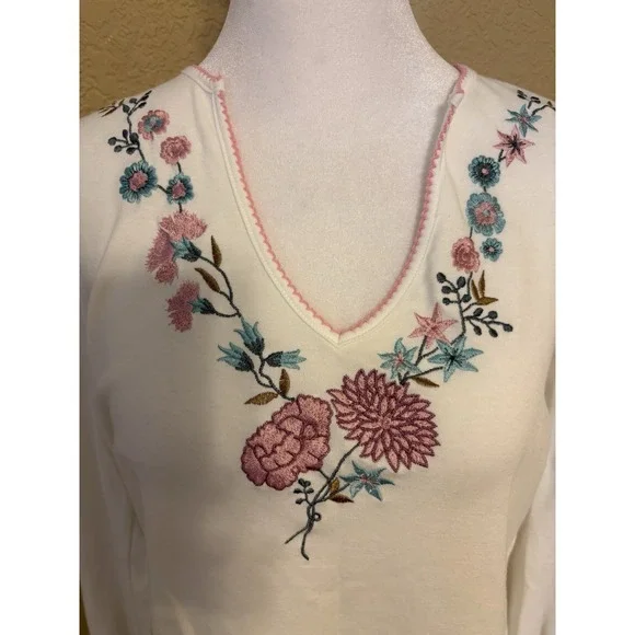 Laura Ashley Long Sleeve V Neck Top, Pink And Blue Embroidery, Medium - Picture 2 of 9
